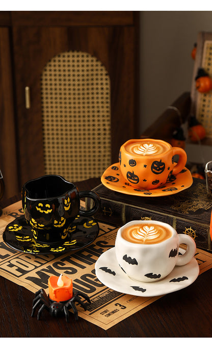 Creative Halloween-Themed Ceramic Cup and Saucer, Irregular Personalized Coffee Cup and Saucer with Pumpkin and Bat Patterns