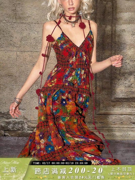 TheNeverMo Fireworks Burning Spring French Retro V-neck Strap Floral Long Dress for Holiday dress Summer by PDG ibma