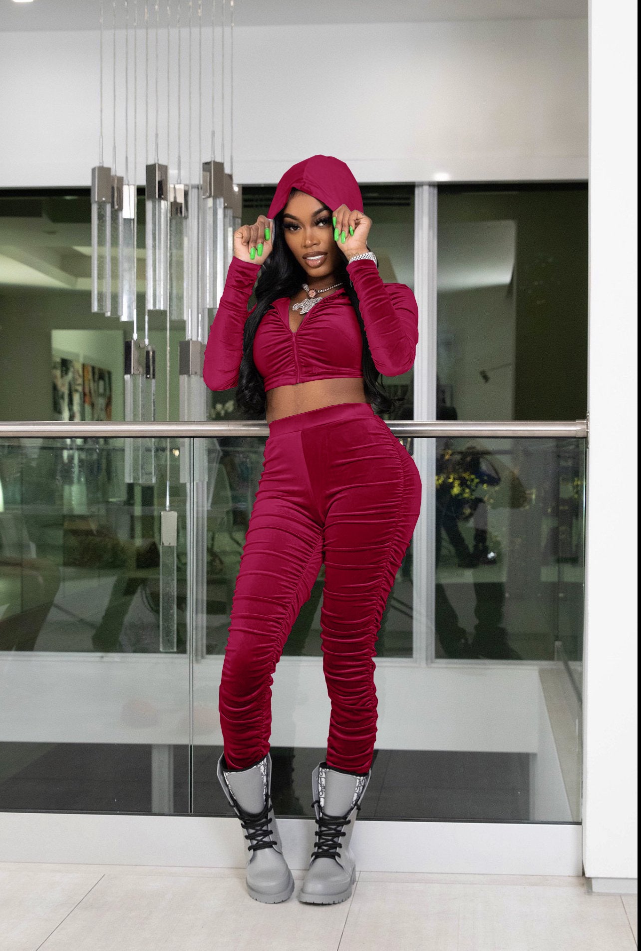 F185 European and American Women's Clothing Amazon Spring Two-piece Korean Velvet Solid Color Long Sleeve Navel Pleated Sports Suit