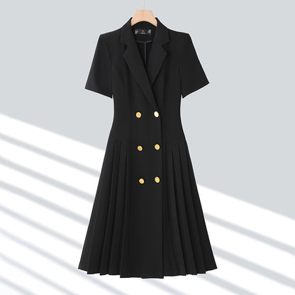 Spring and summer blue short-sleeved dress women's 2025 high-grade double-breasted professional suit collar mid-length skirt
