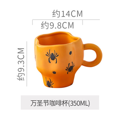 Creative Halloween-Themed Ceramic Cup and Saucer, Irregular Personalized Coffee Cup and Saucer with Pumpkin and Bat Patterns