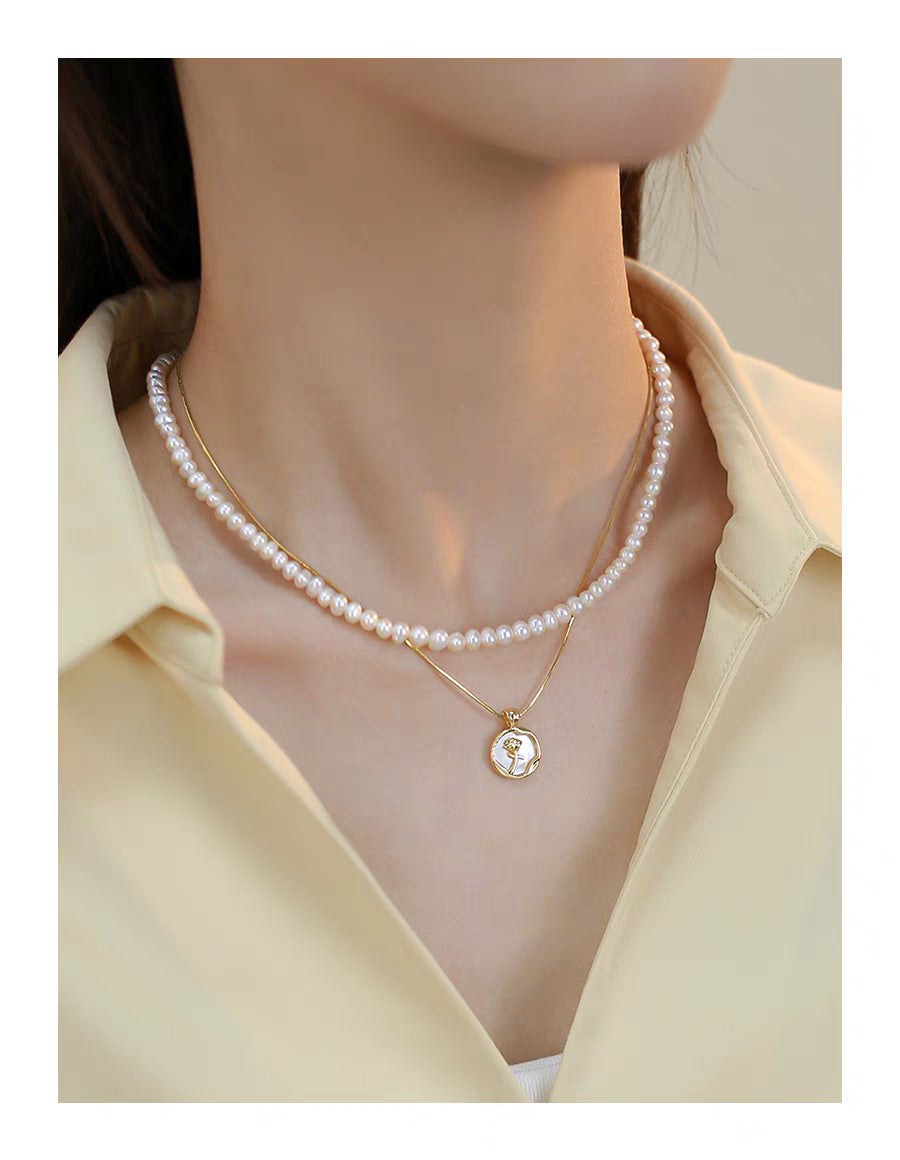 Natural Freshwater Non-nuclear Pearl Double Layer Overlapping Necklace Women's Mother-of-Fritillary Rose Pendant Gold Plated Sweet Light Luxury Set