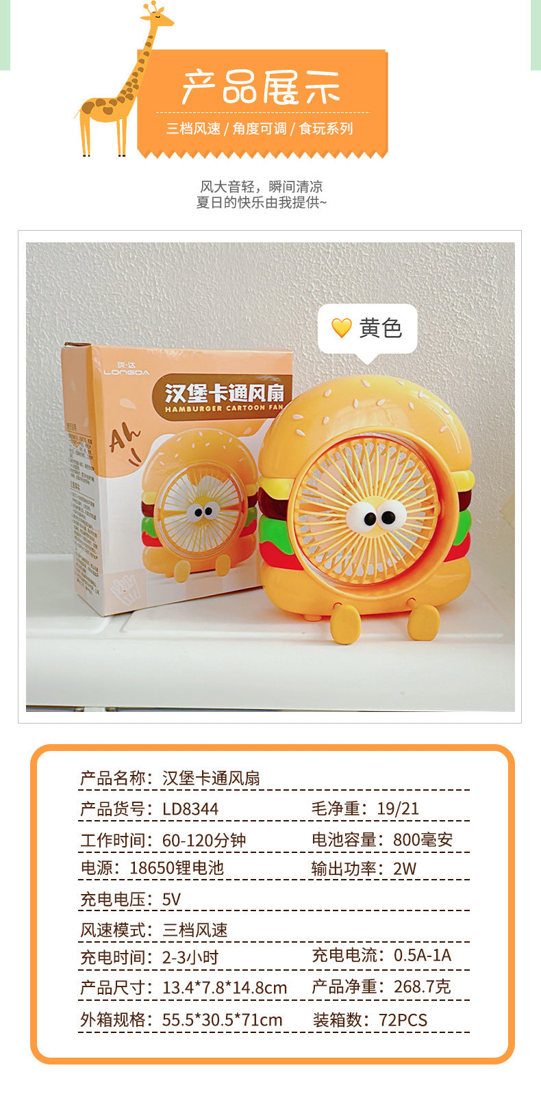 Food Toy Series Cartoon Electric Fan Summer Small Dormitory Fan USB Mini Fan Portable Handheld Fan