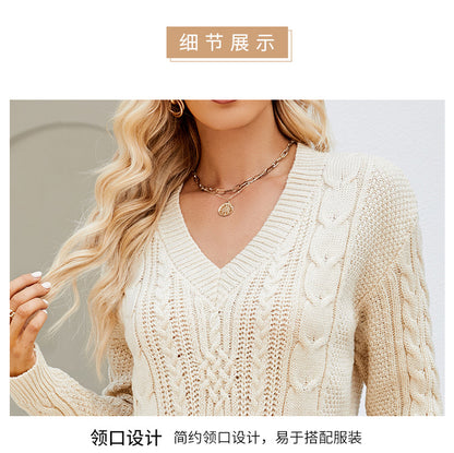 Cross-Border European and American Clothing Pure Color V Neck Long Sweater Dress Autumn and Winter Fashion Elegant Cable Bottoming Knitted Dress