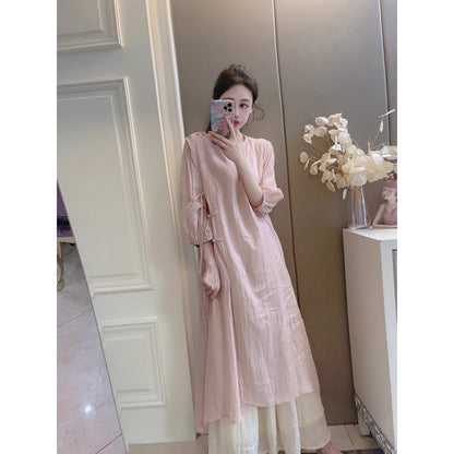 Summer New Style Quality Ramie Handmade Buckle Lace Lace Guofeng dress Double-Layer Skirt suit