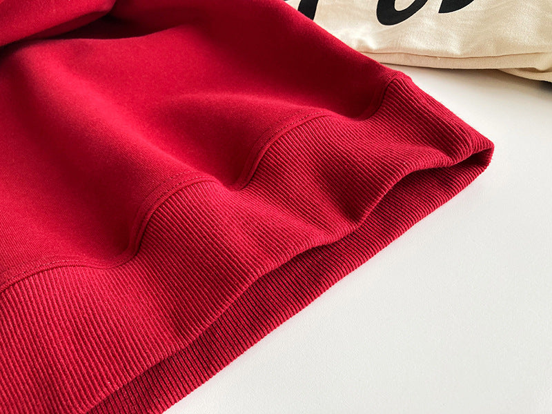 Luxi 2025 Autumn and Winter New Style Velvet Thickeneded Burgundy Sweatshirt for Women Korean Style Normcore Long-Sleeved Pullover Top 2628