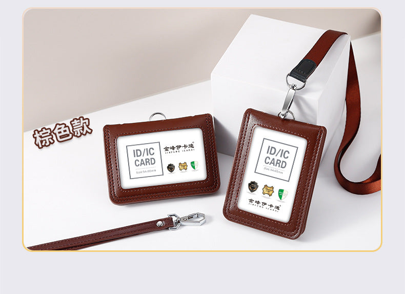 Work Card Case Detached Double Card Position Genuine Leather Folding Card Case Chest Card Lanyard Access Control Card Student School Card Rice