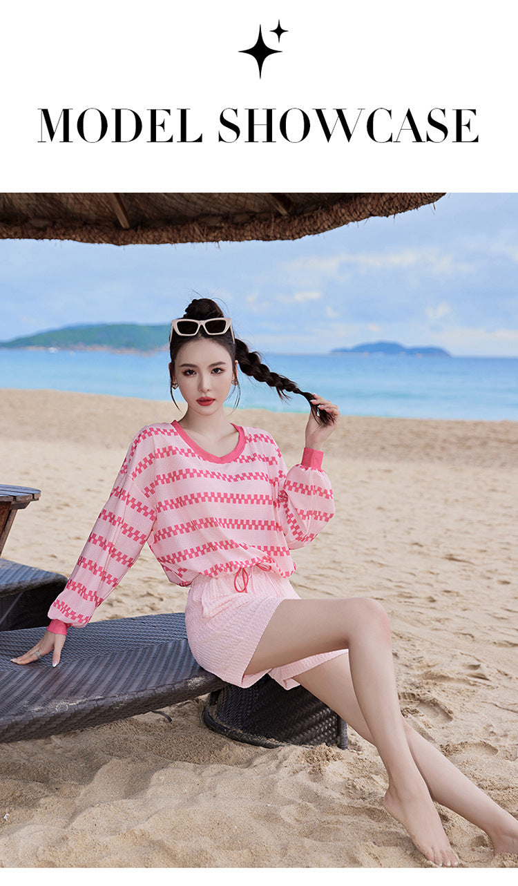 2024 new swimsuit women's split four-piece suit belly covering slimming gathered small chest South Korea ins style Hot Spring