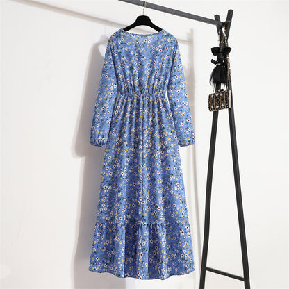 Cross-border Foreign Trade Floral Chiffon Long Dress Women's Spring Dress Long Sleeve Crewneck Base Skirt Waist Slim Long Dress