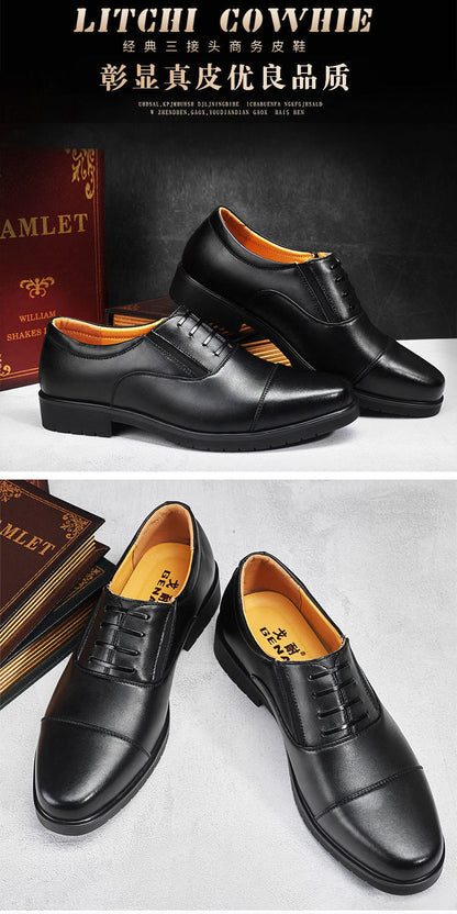 [Real cowhide] business formal leather shoes men's three-joint leather men's shoes summer breathable hidden height increasing shoes men