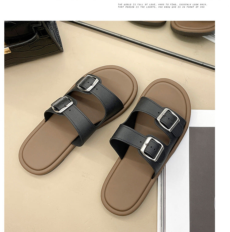 Cross-Border Slippers for Women Summer Flat-Soled Double-Strap Double-Buckle Slippers Southeast Asia New Foreign Trade Fashion Outer Wear Beach Sandals
