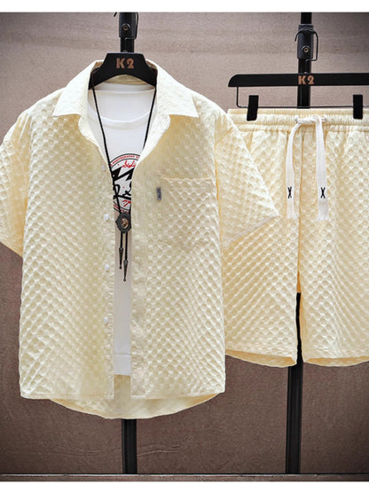 Thin sports leisure two-piece 2024 summer ice silk suit men's ruffian handsome fashion short sleeve shirt shorts set