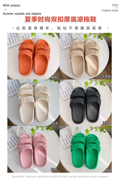 2026 New Thick-Soled Slippers, Wear-Resistant Double Buckle Eva Sandals, Couple's Summer Women's Outdoor and Indoor Slippers with a Soft Cushioning Feel