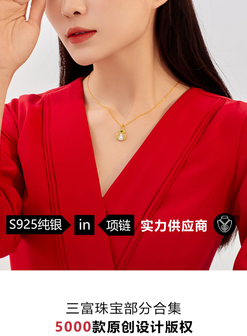 S925 Silver Simple and Fashionable Fulu Gourd Clavicle Chain Inlaid with Natural Hetian Jade High-End Necklace Factory Direct Sale