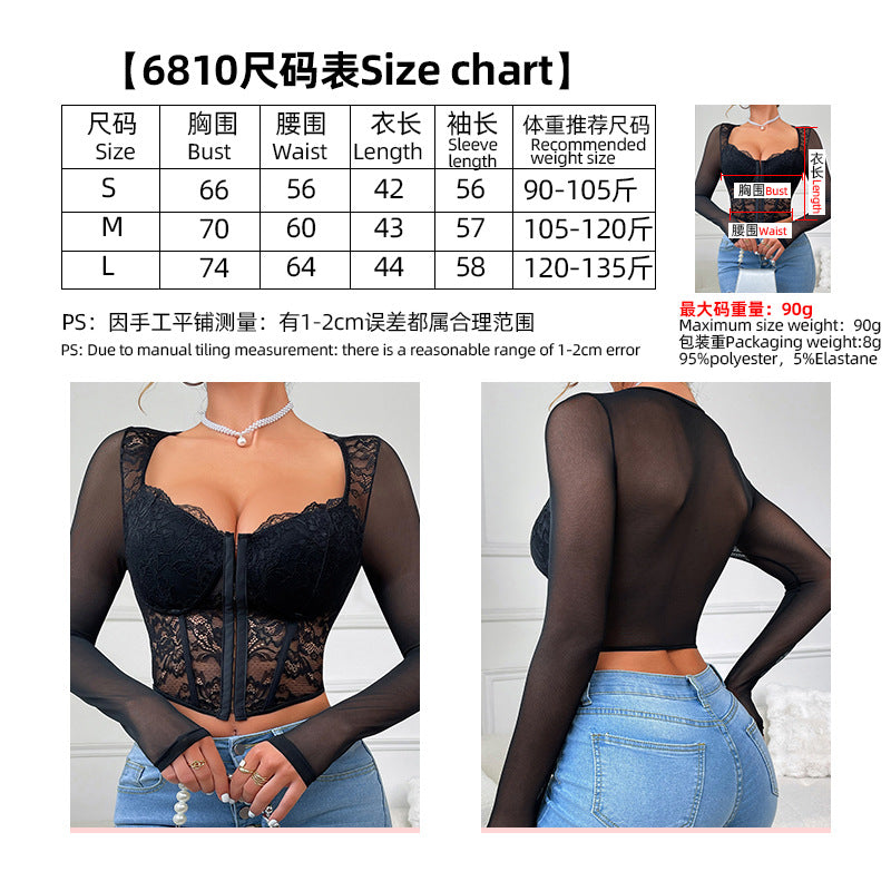 European and American Style Sexy Lace Mesh Square Collar Long-Sleeved T-Shirt Women's Hot Girl Stretch Slim-Fit Slimming Short Top