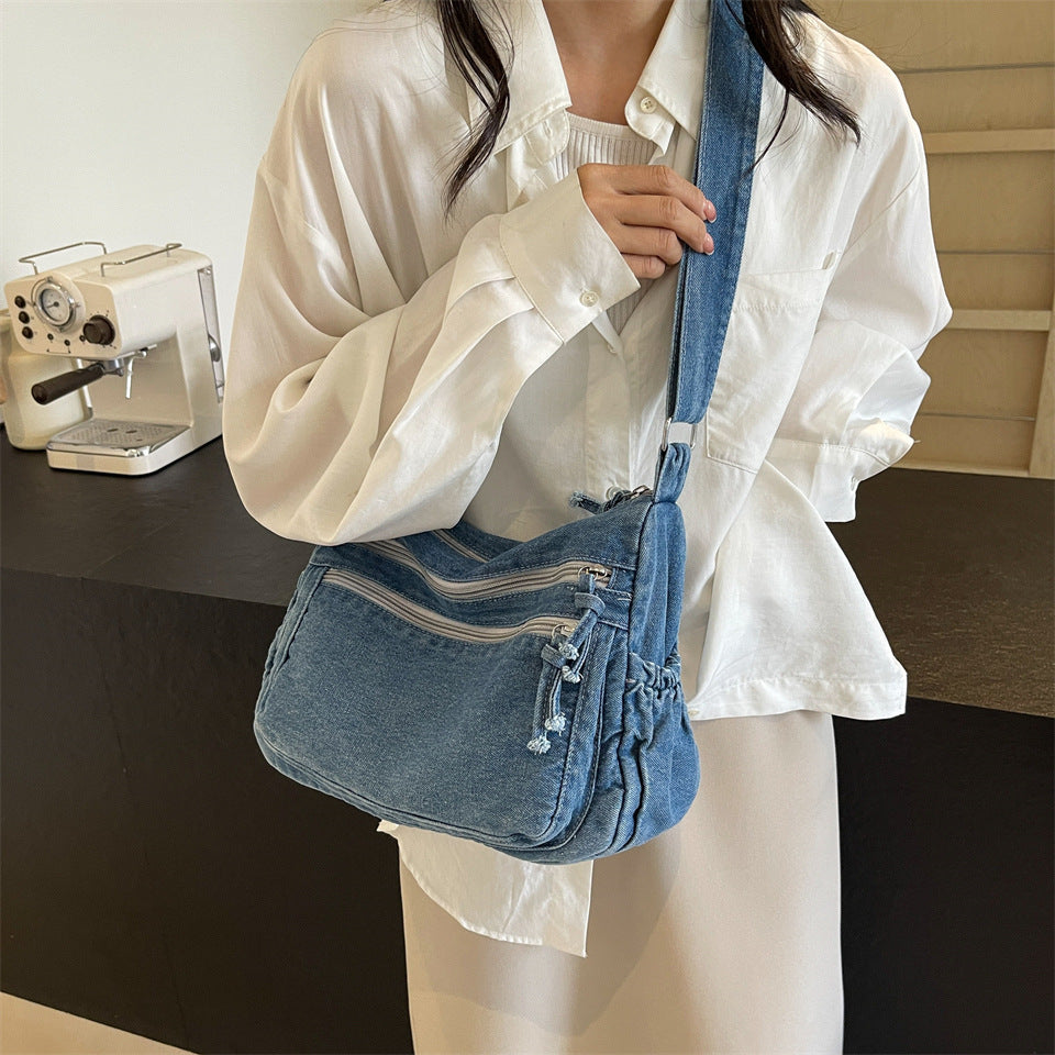 Casual Denim Shoulder Bag Japanese Harajuku Style Canvas Bag for Women 2026 New Large Capacity Simple Crossbody Bag