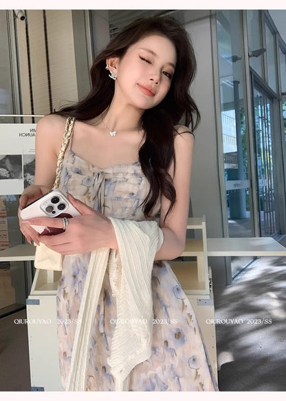 French Style Waisted Gentle Floral dress Women's Seaside Beach Vacation Fairy dress Elegant Pure Slip Dress