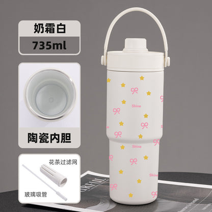 Cross-border high-value 316 stainless steel thermos cup large-capacity double-drink ceramic liner car cup portable handle cup