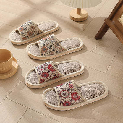 New Summer Open-Toe Home Slippers, Non-Slip, for Men and Women, Couples, Indoor, Blue and White Porcelain, Wooden Floor, Light Foam Sole, Cotton and Linen
