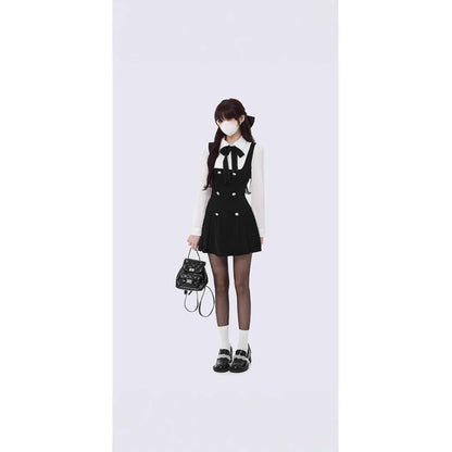 French dress Autumn Fake Two-piece Long-sleeved Slim 2025 New College Style Bow Fake Two-piece dress
