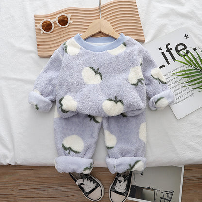 Free Shipping Yukids Kidsren's Autumn and Winter Home Clothes Set for Men and Women Baby Flannel Fruit Warm Two-Piece Set