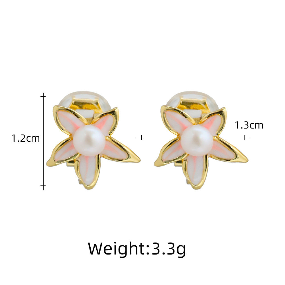 Original Handmade Natural Pearl Five-Petal Cherry Blossom Ear Clip Simple Niche High-End S925 Sterling Silver Earrings Ear Jewelry