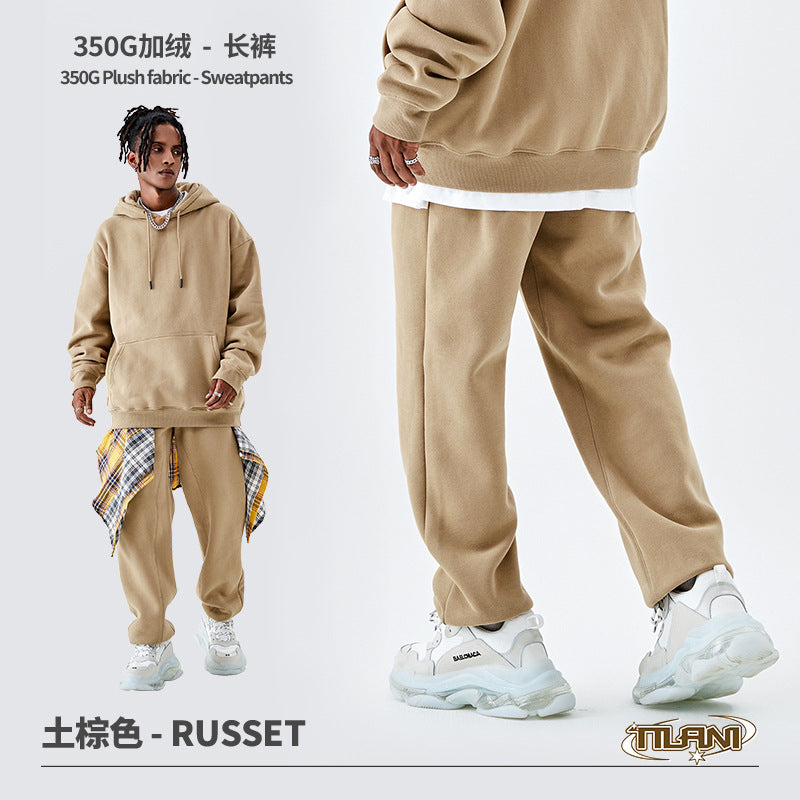 Tilani Men's Clothing European and American Trendy Brand High Quality 350g Fleece-Lined Thick Men's and Women's Hooded Sweatshirt and Sweatpants Pure Color Suit