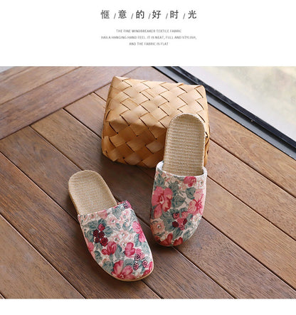 Baotou Spring & Fall Indoor Comfortable and Breathable Linen All Year Round Home Fabric Sandals for Women and Couples Floor Soft Bottom Home
