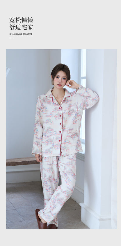 New Cotton Thickened Edge Four-Layer Gauze Women's Pajamas Cotton Warm Long-Sleeved Home Clothes for Autumn and Winter suit