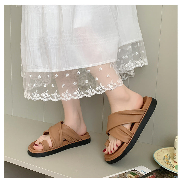 Thick-bottom Slippers Women's 2025 Summer New Beach Outer Wear Cross-belt Cross-border Foreign Trade Flat Beach Sandals