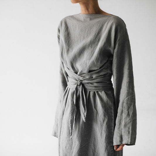 2023 new cotton and linen dress long sleeve off-neck lace-up dress by PDG ibma