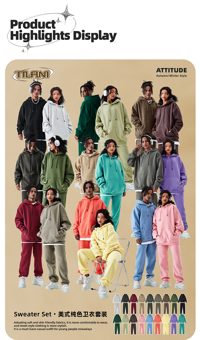 Tilani Men's Clothing European and American Trendy Brand High Quality 350g Fleece-Lined Thick Men's and Women's Hooded Sweatshirt and Sweatpants Pure Color Suit