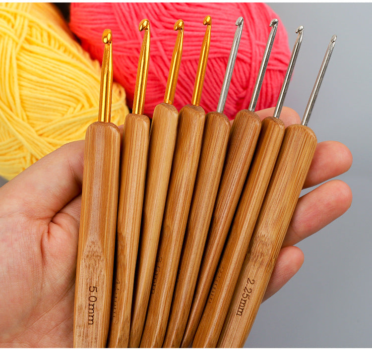 Full Set of Bamboo Handle Crochet Hooks, Bamboo Crochet Yarn Hooks, Handmade Knitting Tools, Sweater Needles, Round Head Carbonized Crochet Set