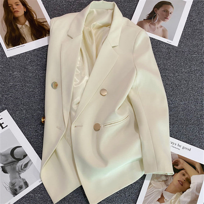 Green Metal Buckle Korean Style 2024 Spring and Autumn New Milk White Suit Jacket Women's Casual All-match High-end Suit