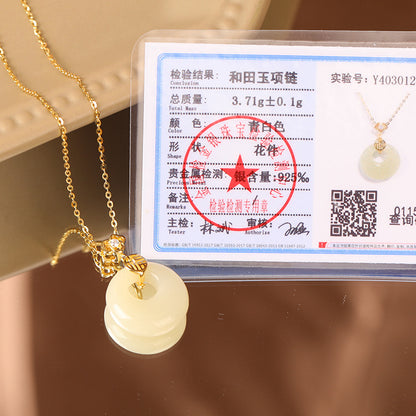 S925 Sterling Silver Hetian Jade Necklace for Women, Chinese Style with the Character for Fortune, Versatile Light Luxury Collarbone Chain, Elegant Gift Accessory, Jade