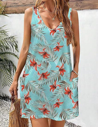 2024 summer casual vest V-neck loose dress with pockets summer bohemian beach dress floral T-shirt with pockets