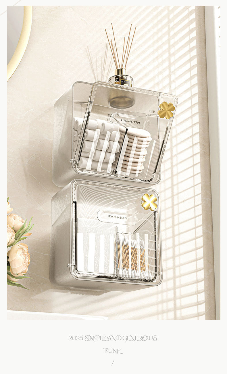 Cotton Swab Storage Box, Wall-Mounted, No-Drill, Elastic Band, Makeup Cotton, Makeup Remover Wipes Storage Box, Bathroom Hairpin Organizer Box