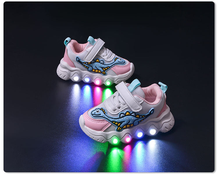 Spring New Style Dinosaur Led Light Sneakers for Boys and Girls Spring & Fall New Mesh Breathable Casual Light Shoes for Children and Middle-Aged Children