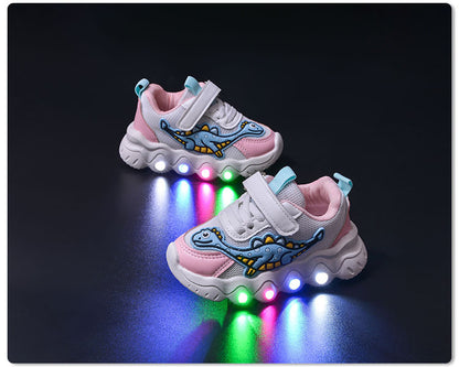 Spring New Style Dinosaur Led Light Sneakers for Boys and Girls Spring & Fall New Mesh Breathable Casual Light Shoes for Children and Middle-Aged Children