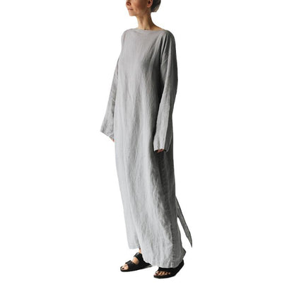 2023 new cotton and linen dress long sleeve off-neck lace-up dress