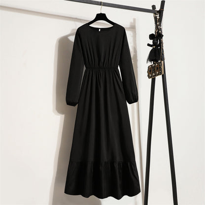 Cross-border Foreign Trade Floral Chiffon Long Dress Women's Spring Dress Long Sleeve Crewneck Base Skirt Waist Slim Long Dress