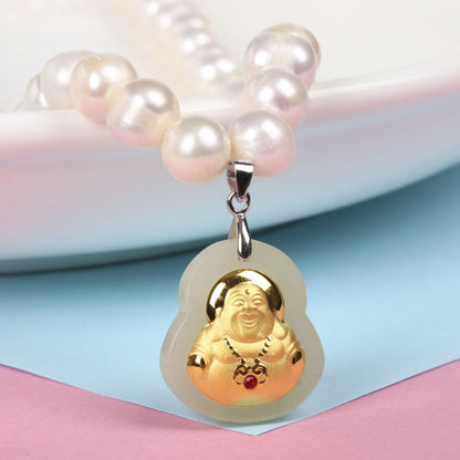 8-9 Natural Freshwater Pearl Necklace, Gold-Inlaid Jade Small Buddha Jade Necklace, Gift for Mom on Mother's Day