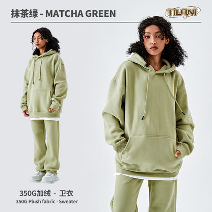 Tilani Men's Clothing European and American Trendy Brand High Quality 350g Fleece-Lined Thick Men's and Women's Hooded Sweatshirt and Sweatpants Pure Color Suit