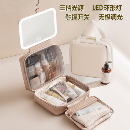 LED with Mirror Cosmetic Bag Light Luxury High-end Toiletry Bag 2024 New Portable Large Capacity Brush Transparent Ins