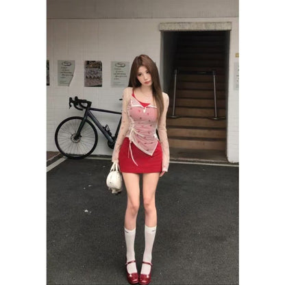 Bow Pure Desire Style Strap Sling dress Long-sleeved T-shirt suit Thin Summer Spicy Two-piece Set