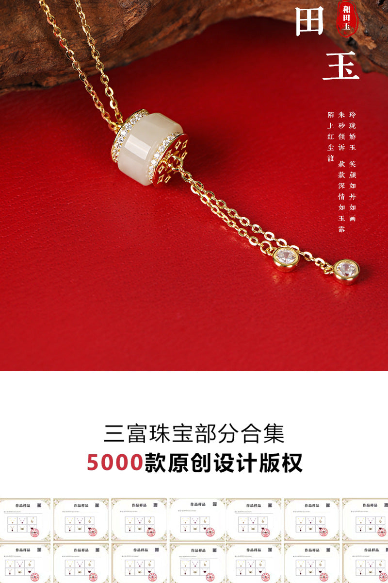 Source Factory S925 Sterling Silver Necklace Hetian Jade Passepartout Small Waist Tassel Pendant Summer Light Luxury Niche Accessories