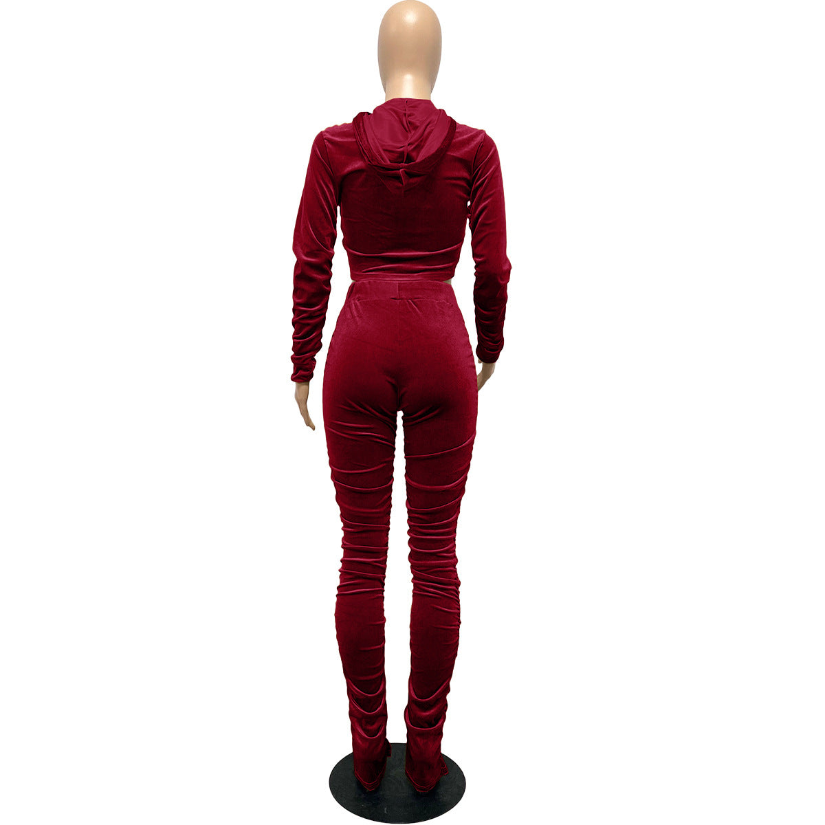 F185 European and American Women's Clothing Amazon Spring Two-piece Korean Velvet Solid Color Long Sleeve Navel Pleated Sports Suit