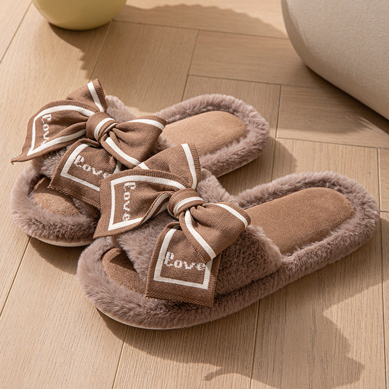 Foreign Trade Cross-Border Open-Toe Furry Bow Women's Indoor Home Wooden Floor Four-Season Furry Slippers