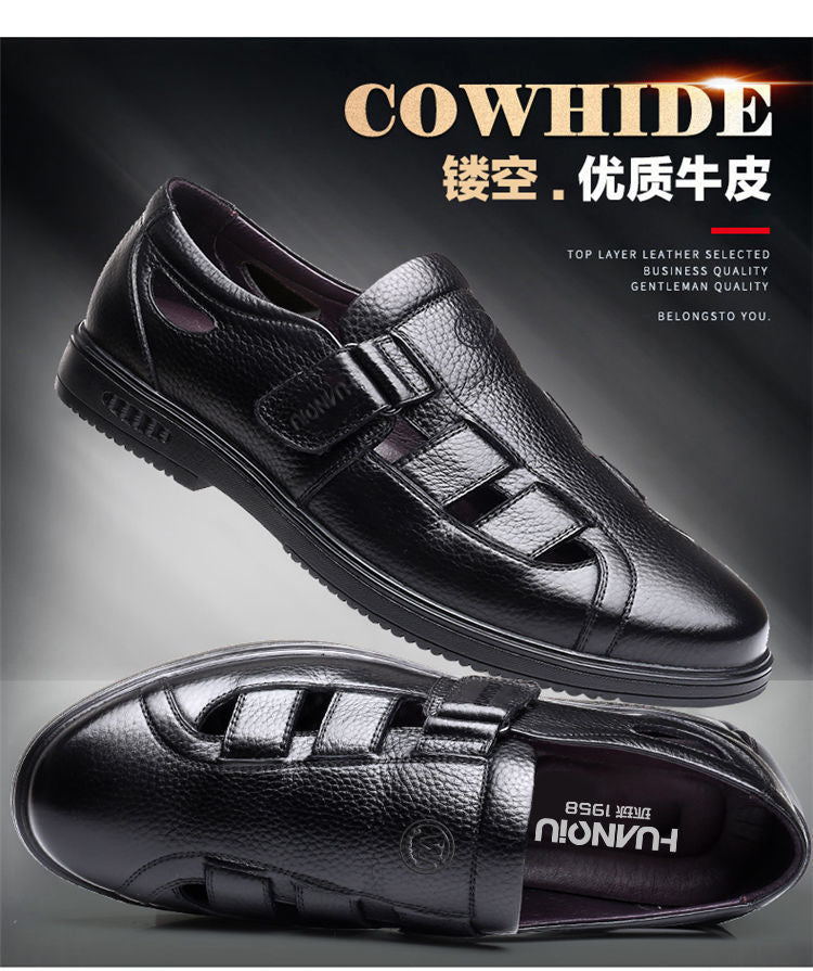 Leather cowhide special clearance shoes hollow leather sandals men's casual hole shoes middle-aged business dad shoes