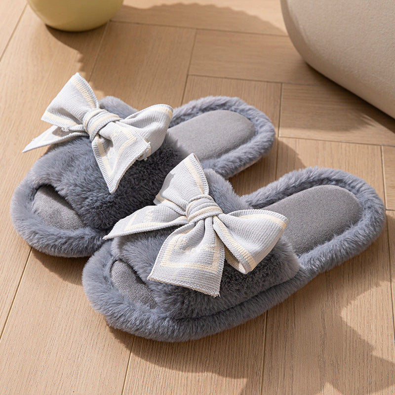 Foreign Trade Cross-Border Open-Toe Furry Bow Women's Indoor Home Wooden Floor Four-Season Furry Slippers